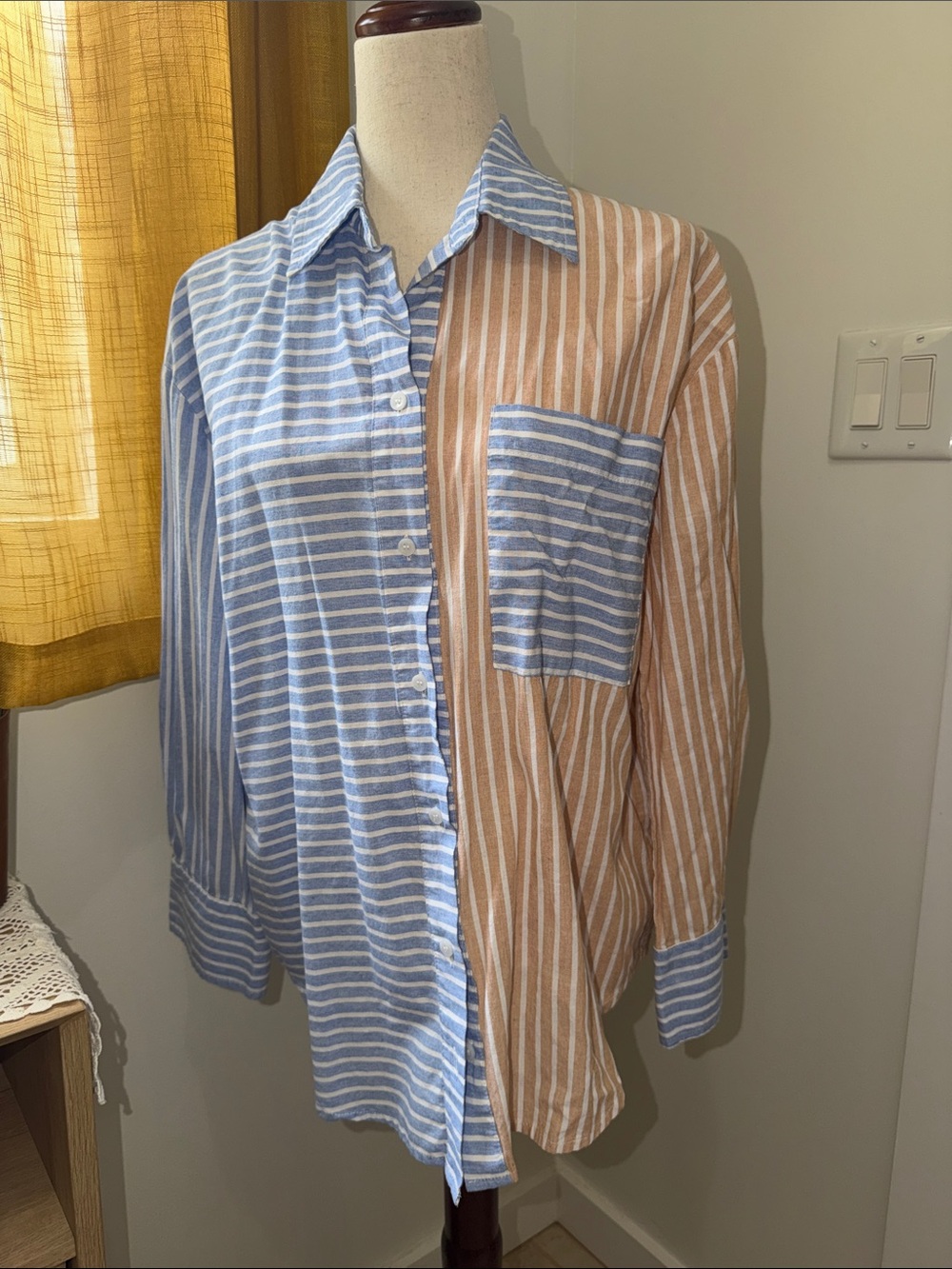 Two-Tone Striped Button-Down Shirt in Blue & Tan
